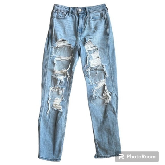 HOLLISTER DISTRESSED BLUE DENIM STRAIGHT LEG JEANS, 0S - Picture 1 of 6